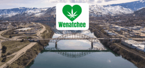 Wenatchee Bridge in center of town with weed icon